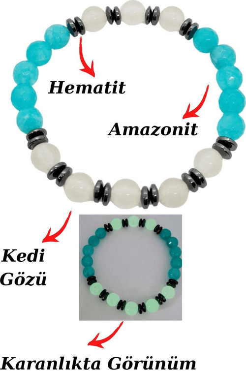 Amazonit Kedi Gözü Hematit Doğal Taş Bileklik Karanlıkta Işık Saçar