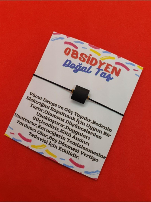 Sertifikalı Obsidyen Taşı Bileklik Ayarlamalı Kare Ipli