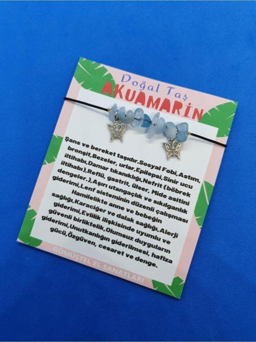 Akuamarin Doğal Taş Bileklik Kelebek Detaylı Orijinal Doğal Taş