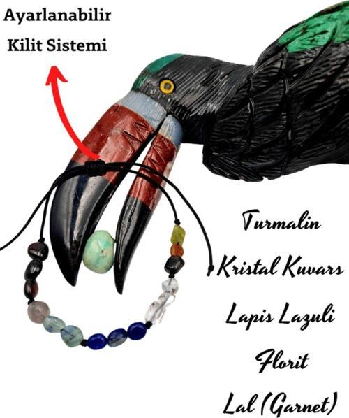 Doğal Taş Bileklik Turmalin, Kristal Kuvars, Lapis Lazuli, Florit, Lal Ayarlamalı Kilit Sistemi