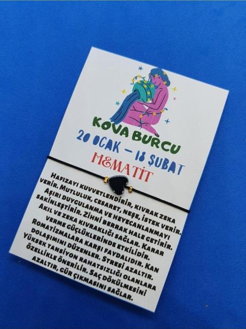 Kova Burcu Kalp Hematit Doğal Taş İp Burç Bilekliği
