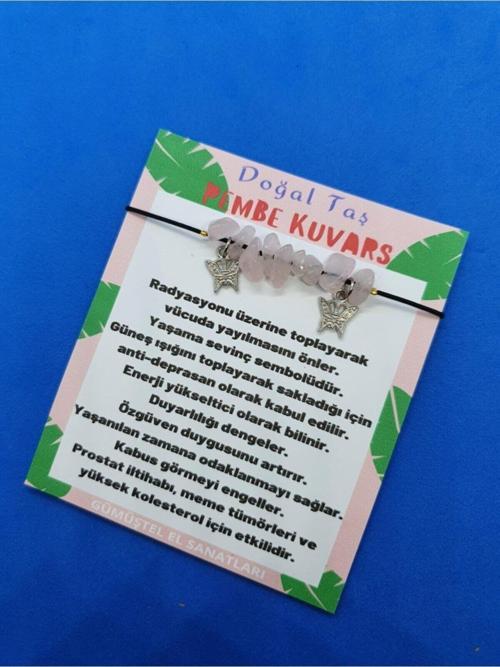 Pembe Kuvars Doğal Taş Bileklik Kelebek Detaylı Orijinal Doğal Taş