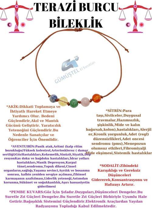 Sertifikalı Özel Tasarım Doğal Taş Terazi Burcu Bileklik Sodalit Sitrin Aventurin Pembe Kuvars Akik