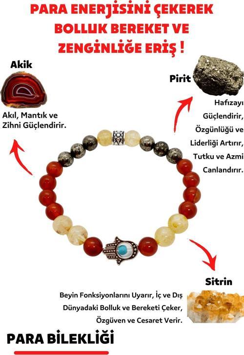 Doğal Taş Tılsım Para Bilekliği Pirit Sitrin Akik Doğaltaş Kadın Erkek Bileklik