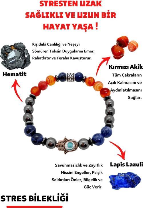 Stres Doğaltaş Unisex Tılsım Bilekliği Kırmızı Akik Hematit Lapis Lazuli Doğal Taş Bileklik