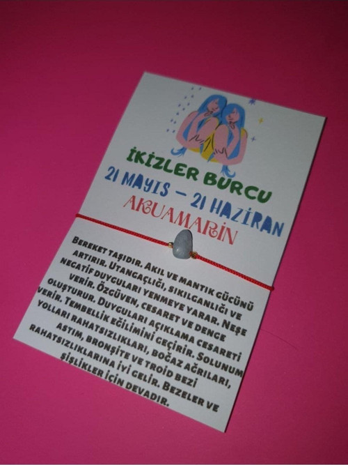 İkizler Burcu Akuamarin Doğal Taşlı İp Burç Bilekliği