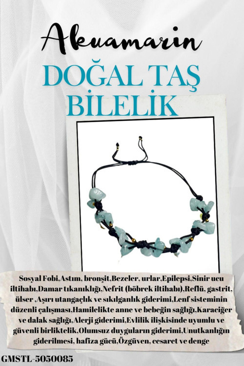 Sertifikalı Doğal Taş Akuamarin Bileklik Özel Tasarım El Yapımı Asansör Kilit Sistemi