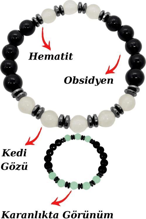Obsidyen Kedi Gözü Hematit Doğal Taş Bileklik Karanlıkta Işık Saçar