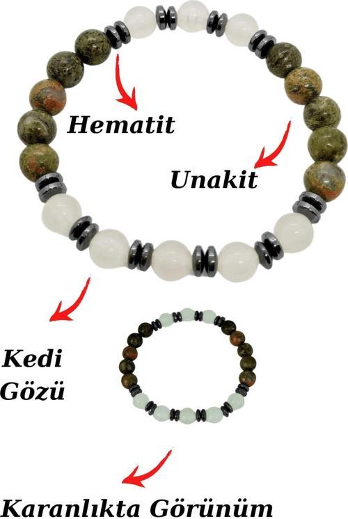 Unakit Kedi Gözü Hematit Doğal Taş Bileklik Karanlıkta Işık Saçar