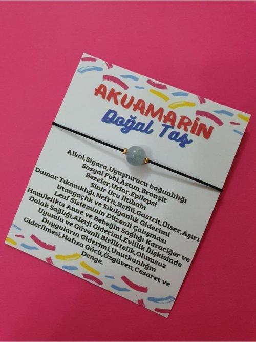Akuamarin Doğal Taş Bileklik Makrome İpli Orijinal Doğal Taş 8mm