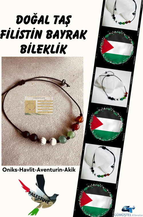Sertifikalı Doğal Taş Filistin Bayrak Bileklik AAA Kalite Sürpriz Hediyeli
