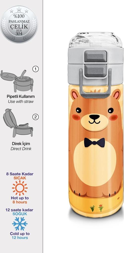 Kids Capybara Desenli Pipetli ve Direkt İçim Çelik Termos 500 ml 31793