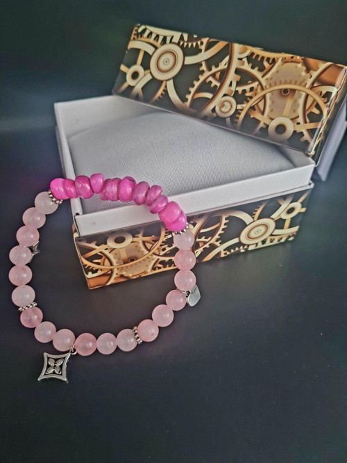 Doğal Taş Bileklik Özel Tasarım Pembe Kuvars Sedef Doğal Taş