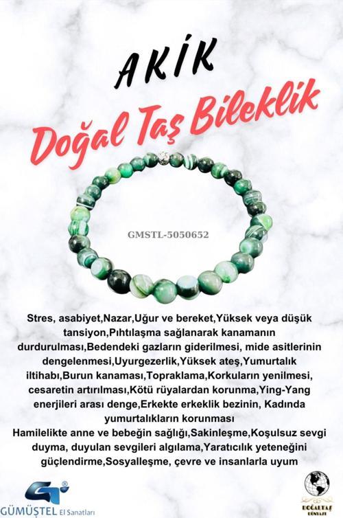 Sertifikalı Akik Doğal Taş Bileklik 6mm