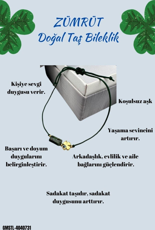 Zümrüt Doğal Taş Bileklik Yonca Obje Detaylı Makrome Örgülü Kilit El İşçiliği