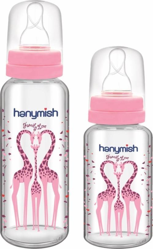 Kız Bebek Pembe Hanymısh Yuvarlak Silikon Uçlu Cam Biberon 240 ml+125 ml