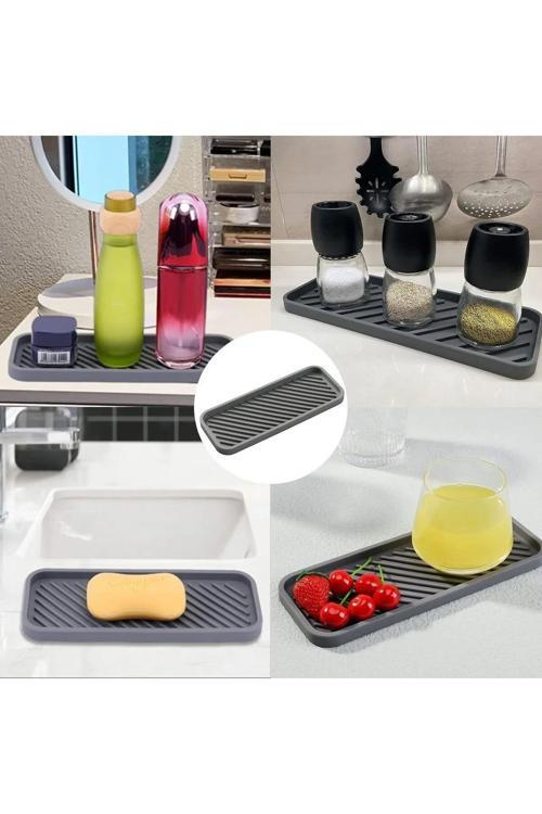 Gri Renk Silikon Yağdanlık Yağlık Sirkelik Altlığı Organizer Sunumluk Sabunluk Altlığı 23x10 Cm