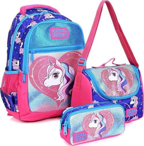 23492 Mor Unicorn Desenli 3' Lü Okul Çantası Seti