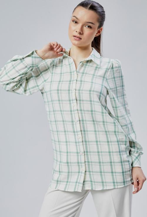 Kadın Mint Ekoseli Regular Dokuma Gömlek