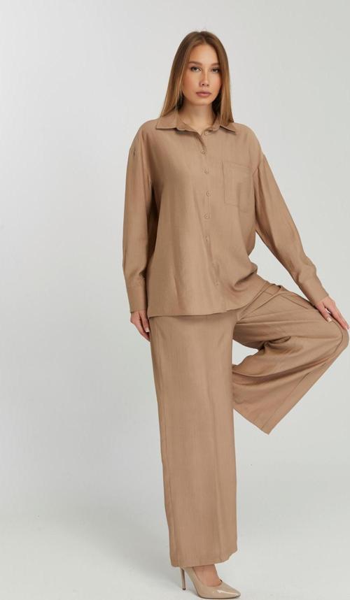 Kadın Camel Bol Paça Dokuma Pantolon