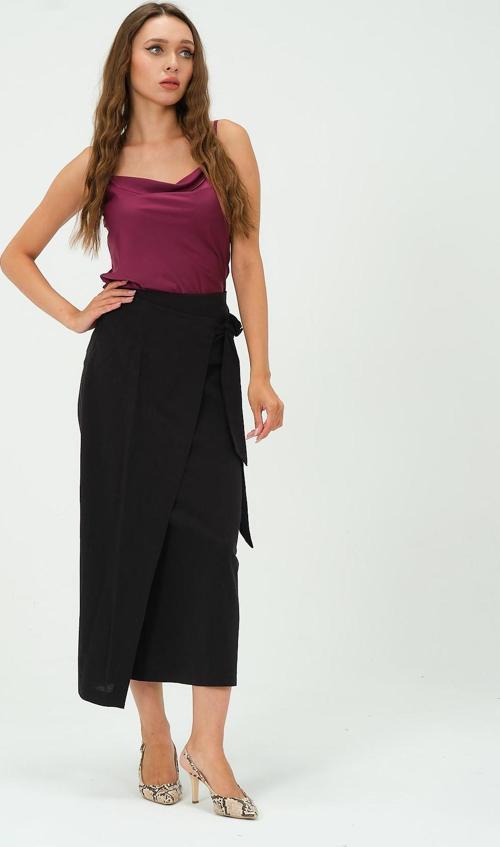 Kadın Belden Bağlama Detaylı Keten Midi Uzun Etek