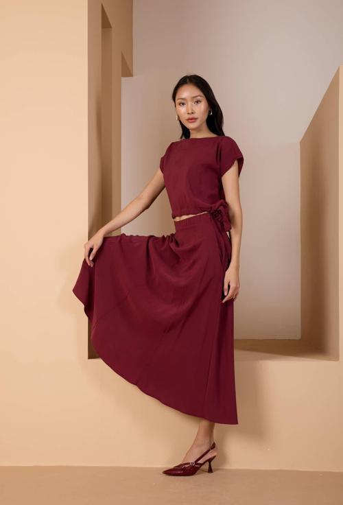 Bordo Salaş Kesim Beli Lastikli Dokuma Etek