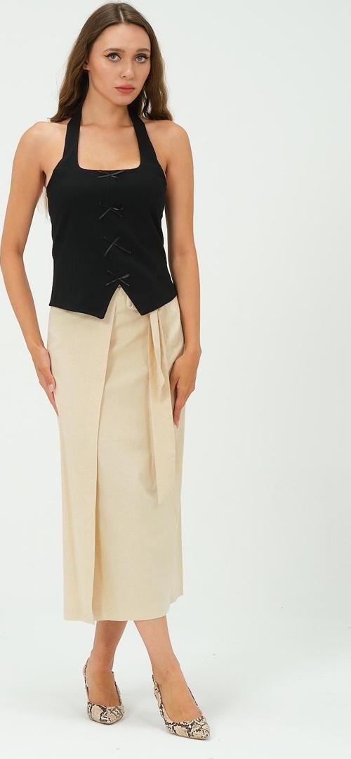 Kadın Belden Bağlama Detaylı Keten Midi Uzun Etek