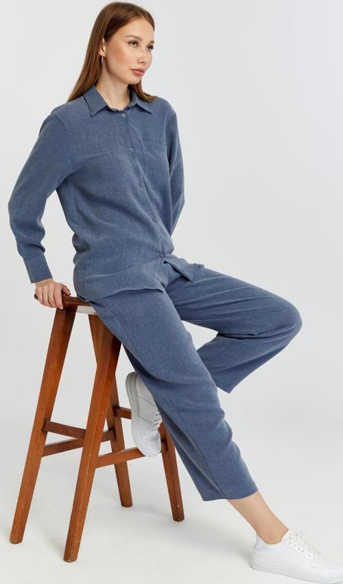 Kadın İndigo Bol Paça Dokuma Pantolon