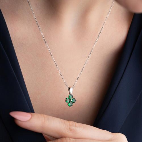 925 Ayar Gümüş Yeşil Taşlı Minimal Yonca Kolye