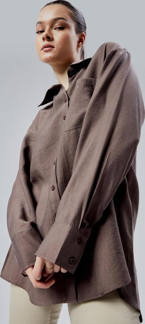 Kahverengi Yırtmaç Detaylı Oversize Gömlek 