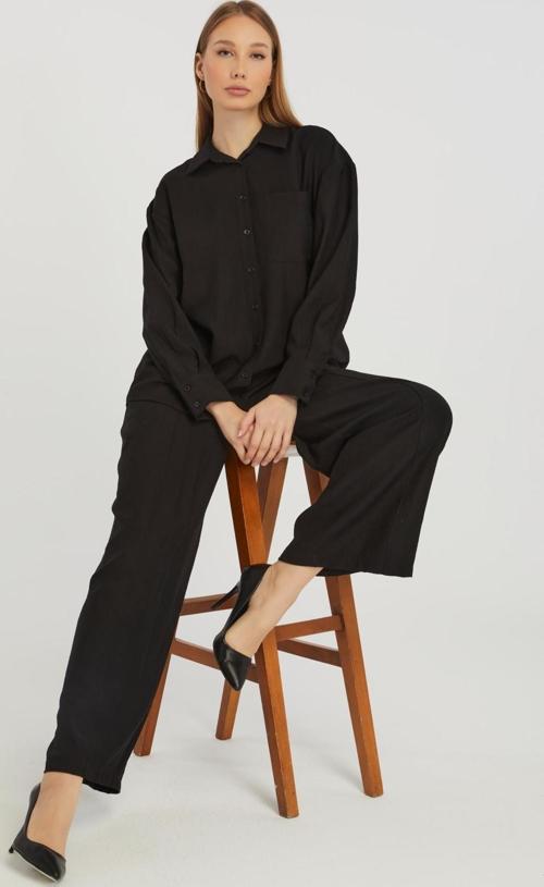 Kadın Siyah Casual Oversize/Geniş Kalıp Gömlek 