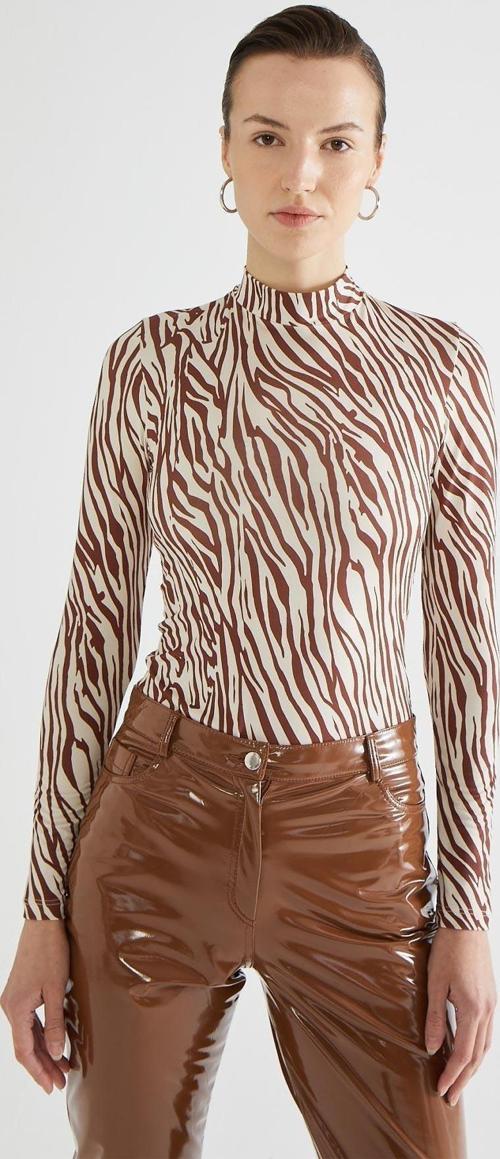 Zebra Desen Boğazlı Kahverengi Body