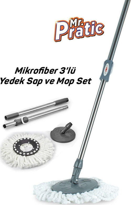 3'lü Set 360 Derece Döner Set Uyumlu Temizlik Seti Yedek Sap Başlık Mikrofiber Paspas Ve Mop