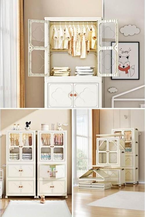 Çok Amaçlı Büyük Hacimli Tekerlekli Katlanabilir 3 Katlı Saklama Kabı Gardırop Organizer Beyaz
