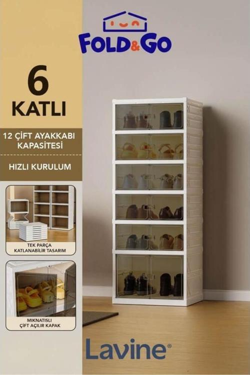 6 Katlı 12 Çift Ayakkabı Kapasiteli Mıknatıs Kapaklı Toz Geçirmez Ayakkabılık Beyaz