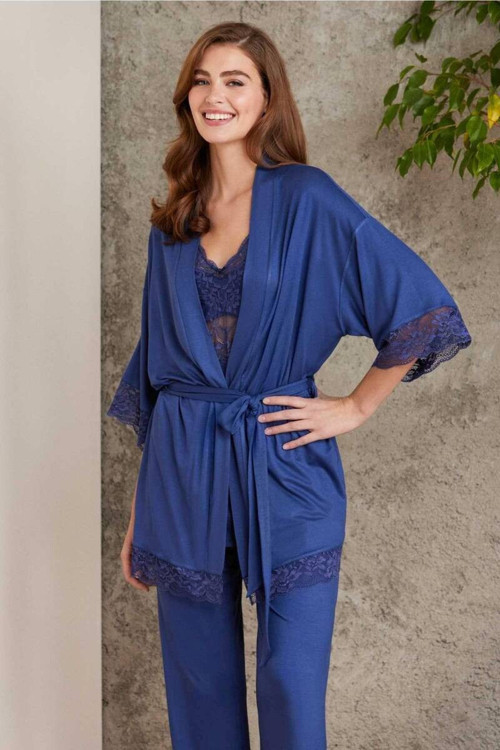 Dantelli Sabahlıklı Penye Pijama Takımı Lacivert