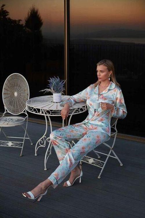 Çiçek Desenli Düğmeli Pijama Takımı Mint