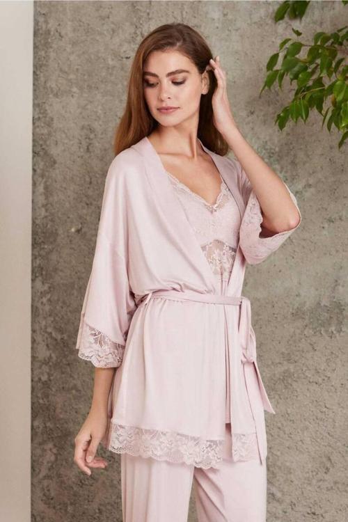 Dantelli Sabahlıklı Penye Pijama Takımı Pudra