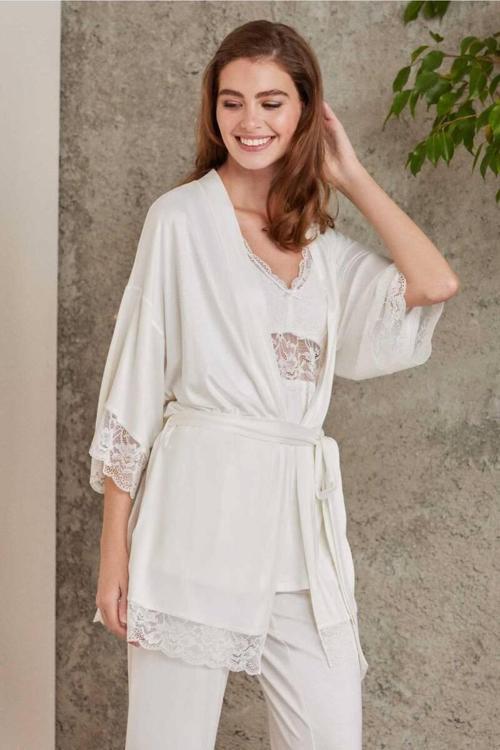 Dantelli Sabahlıklı Penye Pijama Takımı Ekru