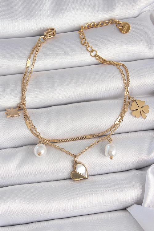316L Çelik Gold Renk 2'li Zincir Model Sallantı Kalp Figür Yonca Detay Kadın Bileklik - TJ-BB6945