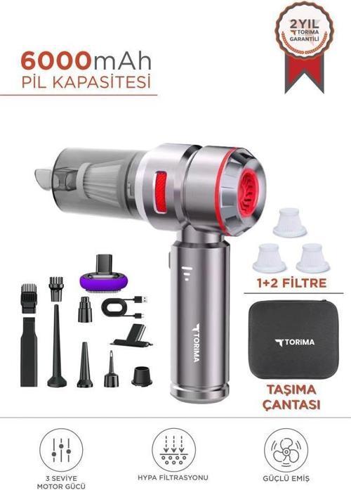 HL-121 Kırmızı Üflemeli Şarjlı Araç Mini EL Süpürgesi 16.000PA Emiş Güçlü 4İN1 Araba Süpürgesi
