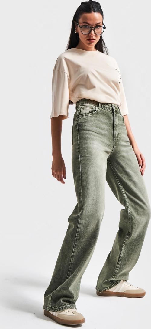 Kadın Taşlanmış Haki Renk 2s5-15 Straight Fit Yüksek Bel %100 Koton İç Boy 80 Cm Denim Jean