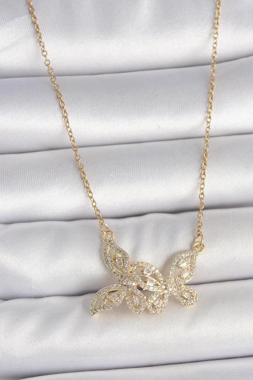 Gold Renk Zincir Zirkon Taşlı Kelebek Model Kadın Kolye -  EBJ250510W33769
