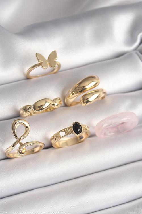 Pirinç Gold Renk Kelebek Figür Sarmal Model 6'Lı Kadın Yüzük Seti - EBJ250301W31420
