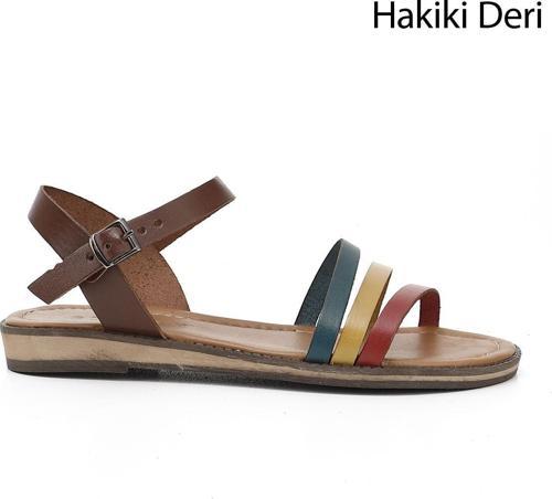 Kadın Kahveye Kırmızı Sarı Hakiki Deri Sandalet