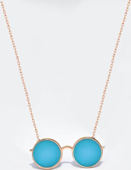 925 Ayar Gümüş Rose Kaplama Rüya Serisi, Vintage Mavi Mineli Yuvarlak Gözlük Kolye