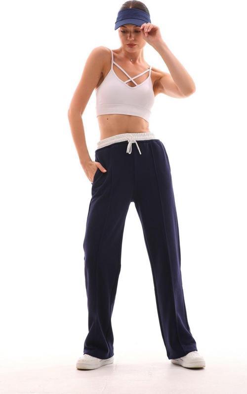 Kadın Lacivert Çımalı 3 Iplik Şardonsuz Bol Paça Tasarım Beyaz Bel Detaylı Eşofman Altı