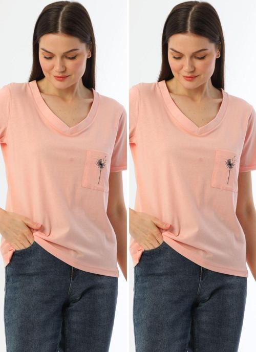 2'Li Paket Pembe V Yaka Rahat Kalıp Nakışlı %100 Pamuk T-Shirt