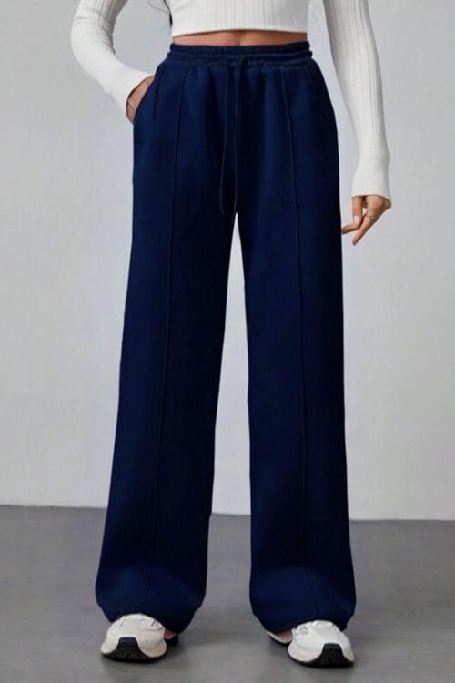 Lacivert Yüksek Bel Çimalı Bol Paça Mevsimlik Iki Iplik Bağcıklı Eşofman Altı