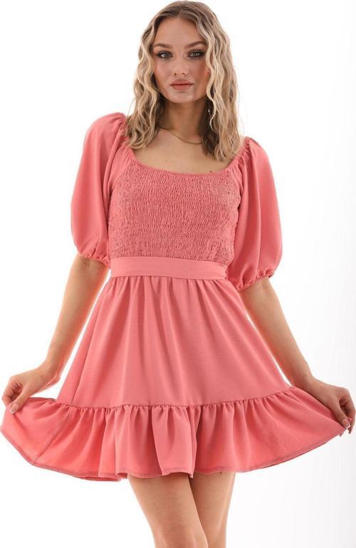 Fırfırlı Diz Üstü Balon Kol Kare Yaka Pudra Pembe Aerobin Kumaş Elbise - 90 Cm